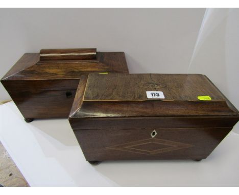 ANTIQUE TEA CADDIES, Sheraton design marquetry twin section tea caddy, also early 19th Century rosewood triple section tea ca