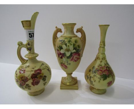 ROYAL WORCESTER, peach ground, gilded floral decorated ewer, 7.25" together with 2 similar small vases 