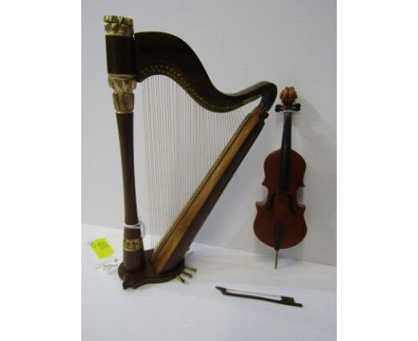 DOLLS HOUSE, miniature wooden harp and cello with bow 