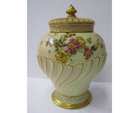 ROYAL WORCESTER PEACH GROUND, gilt heightened floral decorated lidded pot pourri vase, pattern no.1720, 7.5" height 