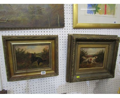 G. GARLAND, pair of 19th Century oils on canvas "Hunting Dogs", 7" x 8.5" 