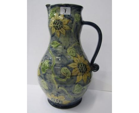 STUDIO POTTERY, Paul Jackson " Sunflower" blue ground large jug, 14" height 