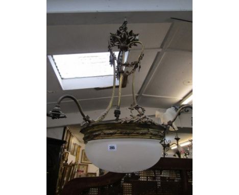 LIGHTING, Edwardian design triple branch glass hanging light fitting with cut glass and frosted dome 