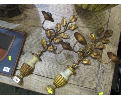 LIGHTING, pair of gilded twin bracket metal candle sconces designed as flowering shrubs, 20" height 