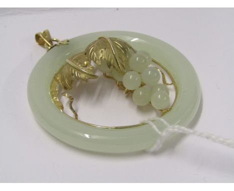 JADE GRAPES, 14ct yellow gold set jade ring pendant, depicting a bunch of grapes vines and leaves 