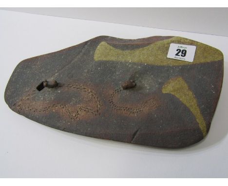 STUDIO POTTERY, Ian Godfrey "Sheep in Landscape" table plaque, 10.5" width together with 6 pieces of tableware including 2 sm