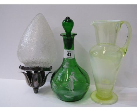 MARY GREGORY, green glass decanter, also Edwardian vaseline glass jug and textured glass hanging light shade 