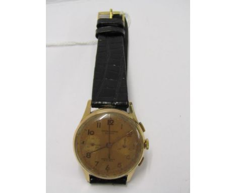 18ct YELLOW GOLD CHRONOGRAPH SUISSE WRIST WATCH, fully working chronograph movement, manual wind with start stop and reset bu