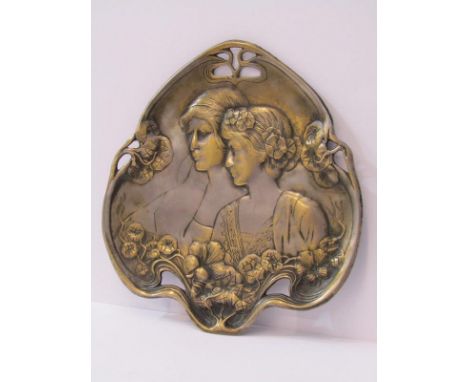 ART NOUVEAU, plated brass portrait dish, 9" 
