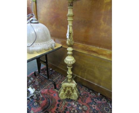 STANDARD LAMP, gilt and painted trefoil base standard lamp and shade 