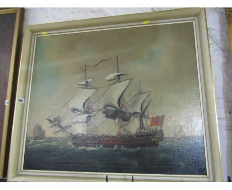 ORIENTAL SCHOOL, oil on canvas laid down, "Portrait of Three Masted Gun Ship and other sailing Vessels", 24" x 28" 
