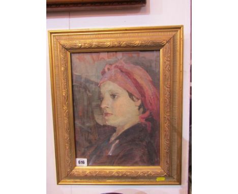 NEWLYN SCHOOL, oil on canvas "Portrait of Young Lady with red hat", 12" x 9" 