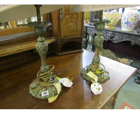 LIGHTING, pair of antique finish metal candlestick base table lamps and shades 