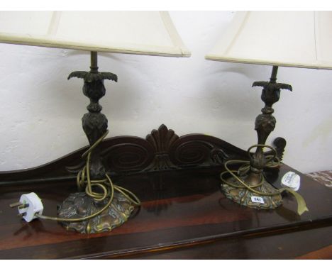 LIGHTING, antique finish pair of metal candlestick base table lamps and shades 