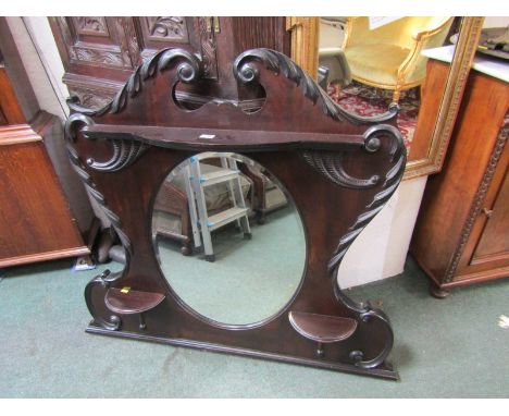 EDWARDIAN OVERMANTEL, carved scroll pediment over mirrored overmantel with shelf brackets, 37" height 42" width 