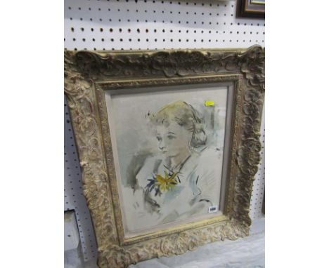 ELINOR BELLINGHAM SMITH, watercolour "Portrait of Girl with Orange Flower", 15" x 11.5" 
