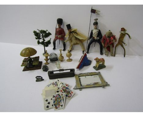 ANTIQUE TOYS, 4 goosebone figures, miniature dolls house furnishings and playing cards 