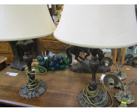 LIGHTING, pair of antique finish metalware candlestick based table lamps and shades 