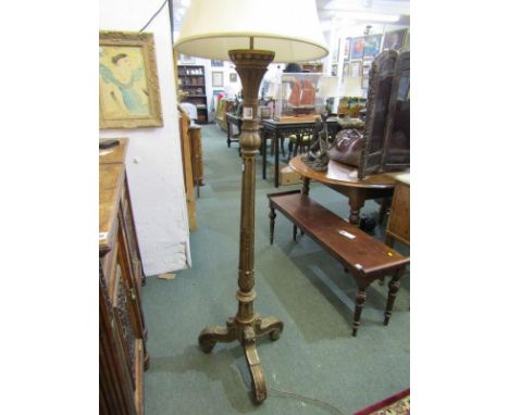 VINTAGE LIGHTING, gilt wood carved tripod base, fluted column standard lamp and shade 