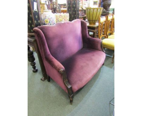 UPHOLSTERED SETTEE, carved frame purple upholstered 2 seater settee with shaped back and cabriole legs 