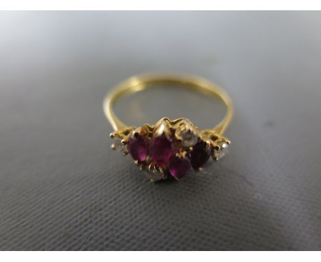 Ann 18ct yellow gold ruby and diamond ring size K/L - approx weight 2.1 grams - some light usage wear