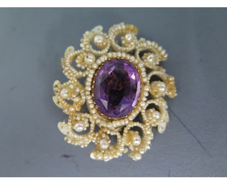 A mother of pearl, pearl and amethyst oval cut brooch - various repairs and some small parts missing