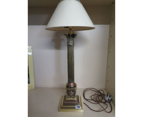 A good sized brass and copper Corinthian column electric lamp on stepped base - column height 49cm - not including electric f