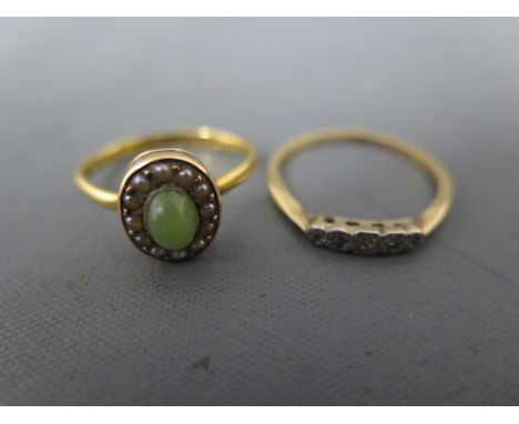 Two yellow gold 18ct rings, one with jade centre surrounded by seed pearls and one with five small diamonds - approx weight 4