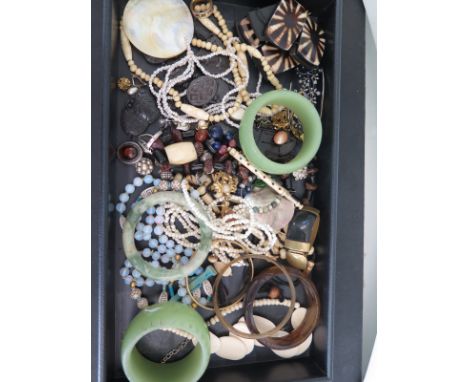 A collection of vintage costume jewellery mainly wearable and two wide jade coloured glass bangles and mutton fat bangle - so