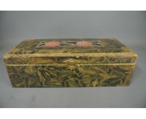 A 1920's/30's French embossed leather glove box in very good condition together with a leather playing card/bridge box with c
