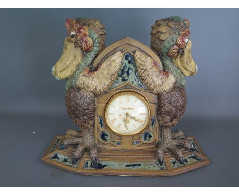 A Burslem pottery Martin brothers style stoneware Andrew Hall "Caught in time" individual DoDo Bird mantle clock - height 25c