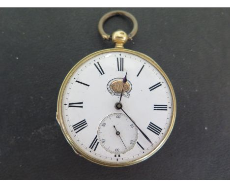 An 18ct yellow gold cased open faced pocket watch, Roman numerals to white enamel dial with subsidiary seconds at 6 o'clock -