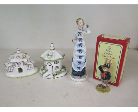 Two Coalport Cottages, Royal Doulton Bunnykins - Be prepared - figure, boxed and a Royal Worcester figure Jeanne Condition re