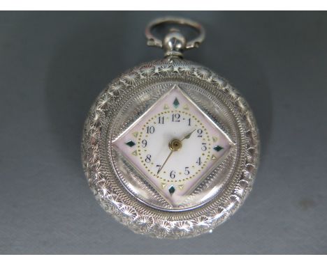 A Ladies silver cased and enamel dial pocket watch, Arabic numerals to dial, Continental  .935 silver case, square aperture t