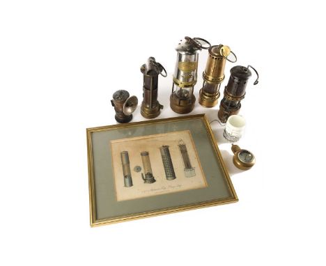 A brass and steel Davy type Miners safety lamp, with hinged brass domed top with suspension hook, with sliding reflector and 