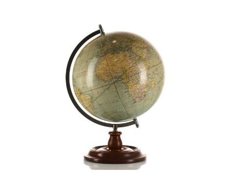 A Bacon's Excelsior Terrestrial table globe, 12" model, on turned wooden stand, 45 cm high.