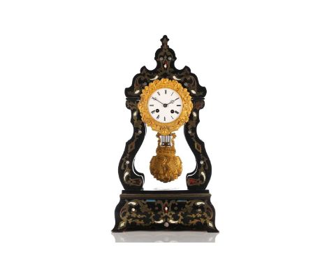 A French ebonised lyre-shaped 8-day portico mantle clock,19th century by Marti and Sons, the case inlaid with brass, mother o