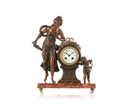 A French 8-day figural mantle clock, early 20th, century, depicting the disarming of Cupid after L &amp; F Moreau, with white
