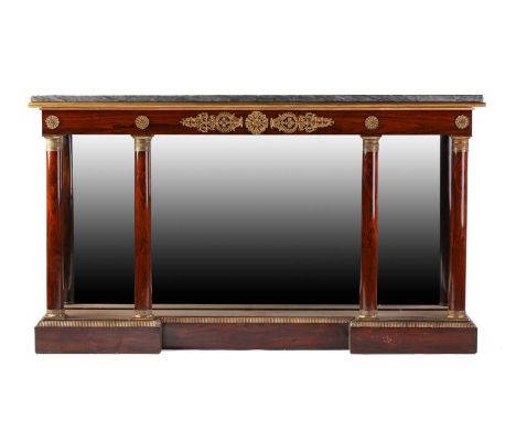 A French Empire marble-topped figured rosewood mirror backed side table, the first quarter of the 19th century, with gilt met