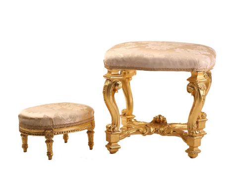 A Louis XIV style carved wood and gilt gesso rectangular boudoir stool with stuff over upholstered to and well-shaped cabriol