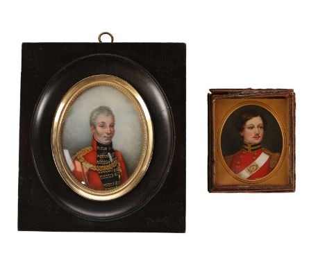 A 19th-century portrait miniature of an officer, East India Co, 9.5 cm x 7.5 cm, together with a smaller example.Qty: 2