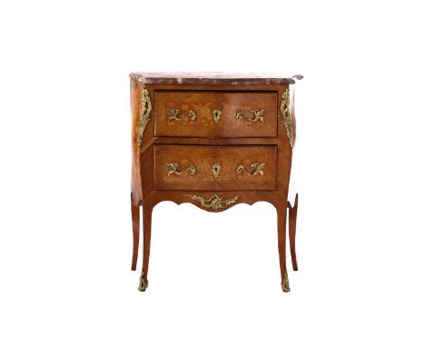 A small Louis XV style marble-topped rosewood and floral marquetry bombe commode, 19th/20th century. With two long shaped dra
