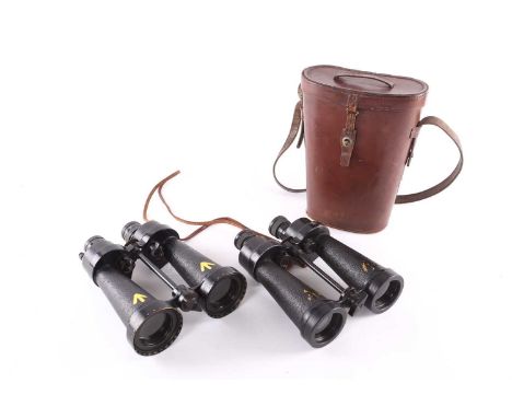 Two pairs of WWII era CF41 7X naval binoculars by Barr &amp; Stroud, each painted with a broad arrow and one in a leather car