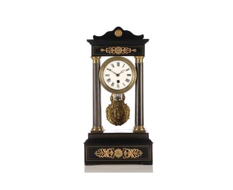 A 19th century ebonized 30-hour Duru of Paris portico timepiece with elaborate gridiron pendulum The case with brass stringin