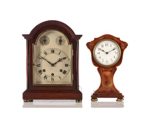 An early 20th- century Gustav Becker quarter "Westminster" chiming mantle clock with a mahogany broken arch case. the silvere
