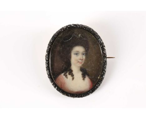 A Georgian era portrait miniature brooch of a young lady of Sarah Lill, (b 1754) the second daughter of Judge Godfrey Lill (1
