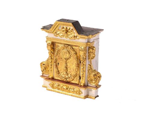 An Italian painted and parcel-gilt single door Catholic Tabernacle, possibly Venetian 17th /18th century The arched architect