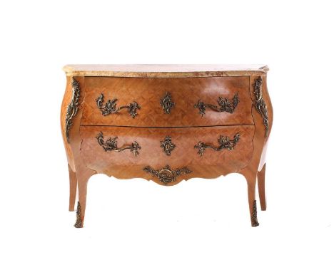 A Louis XV style parquetry cube inlaid walnut and rosewood bombe commode, 20th century, with moulded serpentine terrazzo marb