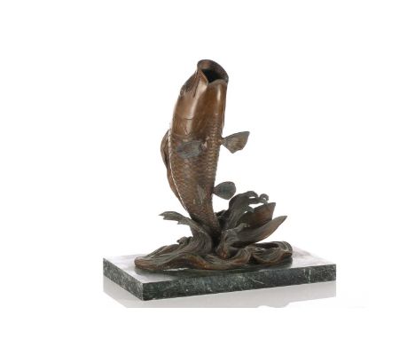 A Japanese bronze spill vase, modelled as a leaping carp, on a rectangular green marble base, early 20th century, 39 cm high 