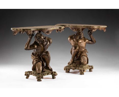 A pair of rare and unusual Italian painted Lacca a Mecca and faux marble console tables, probably Rome, late 17th century. Ea